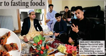  ??  ?? RED-HOT RECIPES: Snacks flavoured with naga-chilli spice such as wings (inset left) are becoming popular additions to iftar meals