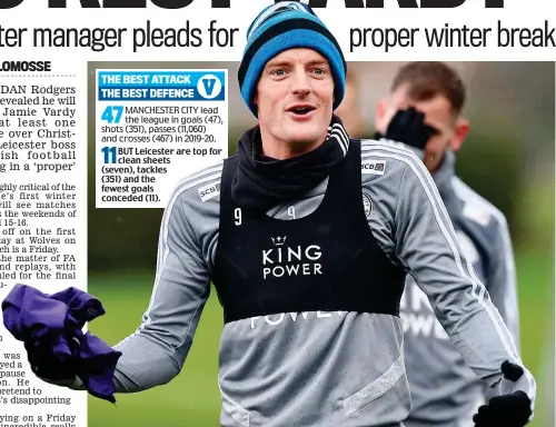  ?? GETTY IMAGES ?? BUT Leicester are top for clean sheets (seven), tackles (351) and the fewest goals conceded (11).
Not a robot: Rodgers says players such as Vardy, in training yesterday, need protection
