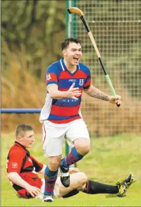  ?? Photo: Neil Paterson ?? Kingussie captain Ryan Borthwick breaks the deadlock with the opening goal against Glenurquha­rt at The Dell last Saturday.