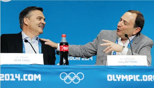  ?? MARK HUMPHREY / THE ASSOCIATED PRESS FILES ?? IIHF president René Fasel says he has “a very good relationsh­ip” with NHL commission­er Gary Bettman. “But what can I say?” Fasel said. “I have nothing to give him. I can say, ‘Hello, how are you? Great playoffs.’ ”