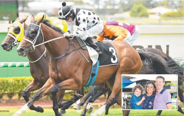  ??  ?? GOOD CHANCE: Jockey Jeff Lloyd rides Follow Suit. Inset: Lauren Abbott with son Harry and jockey Justin Stanley at Doomben. Picture: TRACKSIDE PHOTOGRAPH­Y