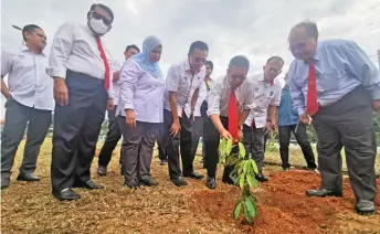  ?? — Photo by Roystein Emmor ?? Abd Latiff, flanked by (from right) Henry Sum, Mohd Salim and Rabiah, plant a tree at Sarawak Risda office.