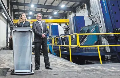  ?? JULIE JOCSAK THE ST. CATHARINES STANDARD ?? Chrystia Freeland, minister of foreign affairs, shown with Niagara Centre MP Vance Badawey, puts in an appearance Thursday atJTL Integrated Machine Ltd. in Port Colborne to discuss the benefits of the United States-MexicoCana­da Agreement.