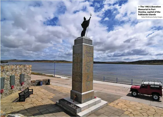  ?? Rafael Wollmann/Getty Images ?? > The 1982 Liberation Memorial in Port Stanley, capital of the Falklands Islands