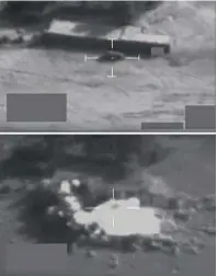  ??  ?? Ministry of Defence screengrab images of an RAF Typhoon using a Paveway IV guided bomb to destroy a large truck-bomb in Mosul, Iraq, on Monday