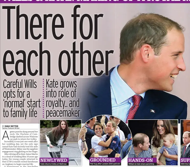  ??  ?? NEWLYWED Kate returns trolley at Waitrose
GROUNDED
Pair hug after London 2012 gold win
HANDS-ON William & Kate share parenting
SUPPORT
With the Sussexes. Right, funeral