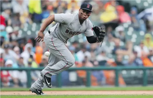  ?? CARLOS OSORIO / THE ASSOCIATED PRESS FILES ?? Third baseman Rafael Devers, 21, made his MLB debut in late July 2017 after rocketing through the Boston Red Sox’s minor-league system.