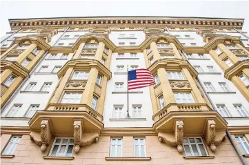  ?? — AFP photo ?? File photo shows the US embassy building in Moscow. President Vladimir Putin said the US would have to cut 755 diplomatic staff in Russia and warned of a prolonged gridlock in its ties after the US Congress backed new sanctions against the Kremlin.