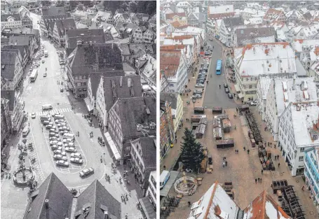  ?? FOTOS: SZ-ARCHIV/GERD MÄGERLE ?? Der Biberacher Marktplatz in den 1980er-Jahren (l.) und im Dezember 2017. Wer ebenfalls alte Stadtansic­hten aus der Zeit zwischen 1960 und 2000 hat, darf diese gerne an die SZ-Redaktion mailen.