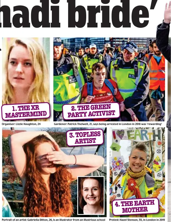  ??  ?? Organiser: Lizzie Haughton, 24
Gardener: Patrick Thelwell, 21, says being arrested in London in 2018 was ‘rewarding’
Protest: Hazel Stenson, 55, in London in 2019 1. THE XR MASTERMIND 2. THE GREEN PARTY ACTIVIST 4. THE EARTH MOTHER