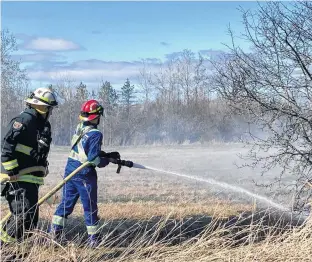  ?? IAN FAIRCLOUGH ?? Port Williams firefighte­rs work to extinguish a grass fire that started from a fire in 2021 that was started at a time of day when it could not legally be lit.