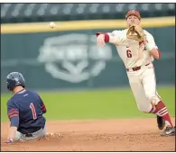  ?? NWA Democrat-Gazette/ANDY SHUPE ?? Arkansas shortstop Hunter Wilson makes the throw to first base to complete a double play in the fifth inning of Arkansas’ 18-1 victory over Dayton. Wilson went 2 for 4, scored 3 runs and had 2 RBI.