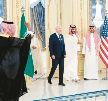  ?? DOUG MILLS/THE NEW YORK TIMES ?? The Biden administra­tion said Friday that Saudi Crown Prince Mohammed bin Salman, seen with the president July 15 in Jeddah, is warranted immunity in the U.S. for his role in the murder of columnist Jamal Khashoggi.