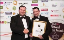  ??  ?? Declan O’Reilly, National Accounts Manager Kerry Foods presenting James McIlroy, Fresh Food Manager, Hickey’s Centra Rathmore with the Shelflife National Award for Best Fresh & Chilled Department 2016.