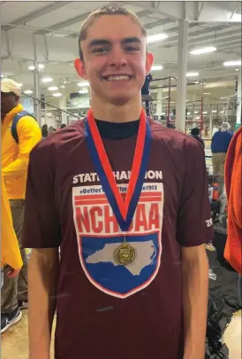  ?? PHOTO SPECIAL TO THE O-N-E ?? Bandys High School senior Kage Hefner became the NCHSAA 1A/2A Boys Pole Vault state champion on Saturday, Feb. 10. Hefner set a personal and Trojans program record by vaulting 16 feet.