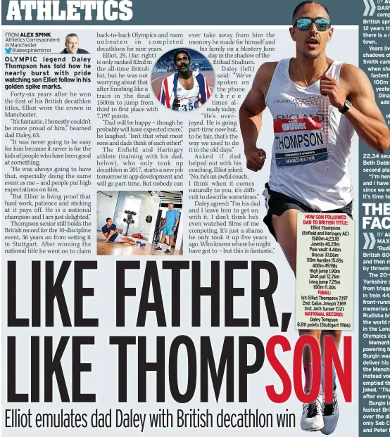  ?? ?? HOW SON FOLLOWED DAD TO BRITISH TITLE: Elliot Thompson (Enfield and Haringey AC) 1500m 4:23.18 Javelin 40.28m
Pole vault 4.40m Discus 37.06m
110m hurdles 15.65s 400m 49.98s
High jump 1.90m
Shot put 12.76m
Long jump 7.25m 100m 11.30s
1st: Elliot Thompson 7,197 2nd: Caius Joseph 7,169 3rd: Jack Turner 7,121 Daley Tompson
8,811 points (Stuttgart 1986)