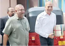  ??  ?? Matara Ministers Mangala Samaraweer­a, Sagala Rathnayaka and MP Buddika Pathirana arriving to hand over the UNP nomination lists