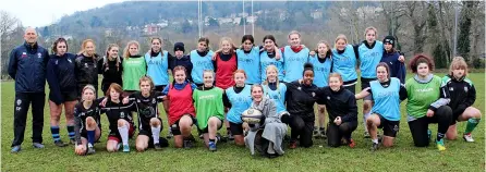  ?? ?? Bath RFC girls head coach Stuart Patton, far left, and MP Wera Hobhouse, front, with girls who took part in the sessions