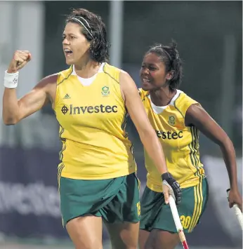  ?? Picture: PLATE PICTURES ?? STRIKER RETURNS: World record goalscorer Pietie Coetzee, left, is a late inclusion in South Africa’s World Cup side. With her in the picture is Sulette Damons