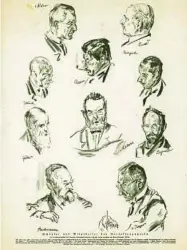 ??  ?? Mitarbeite­r des Verfassung­swerkes, gezeichnet von Hans Alexander Müller, mit C. v. Delbrück (. Reihe links).