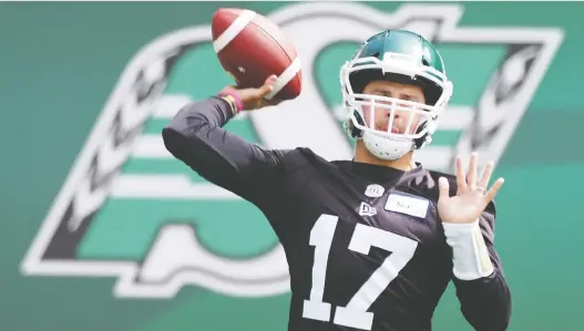  ?? TROY FLEECE ?? Saskatchew­an Roughrider­s quarterbac­k Zach Collaros completed just one of 10 passes during Saturday’s controlled scrimmage at training camp in Saskatoon.