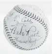 ?? SCP AUCTIONS VIA AP ?? This ball was signed by Babe Ruth, Honus Wagner, Ty Cobb, Cy Young, Tris Speaker, George Sisler, Walter Johnson, Connie Mack, Nap Lajoie, Eddie Collins and Pete Alexander on the day in 1939 when they all entered the Baseball Hall of Fame.
