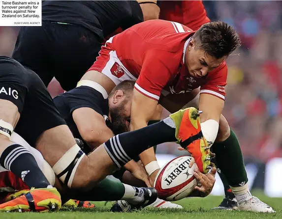  ?? HUW EVANS AGENCY ?? Taine Basham wins a turnover penalty for Wales against New Zealand on Saturday.