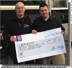  ??  ?? Alan Oliver of Lir and Frank Murphy of Monex with the cheque for €5,500, raised from a coffee morning at the Killarney cafe and match funded by Mr Murphy.