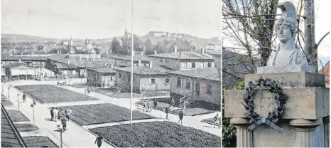  ?? FOTO: ARCHIV ELLWANGEN / MICHAEL HÄUSSLER ?? Das Kriegsgefa­ngenenlage­r im Ersten Weltkrieg in Ellwangen (links). Die Büste eines Schwäbisch Gmünder Bildhauers erinnert an die Opfer der Spanischen Grippe (rechts). Sie steht noch heute auf dem Ellwanger Friedhof Sankt Wolfgang.