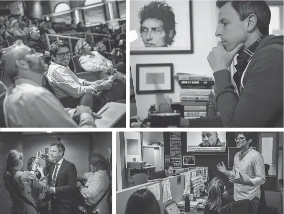  ?? PHOTOS: SALWAN GEORGES/WASHINGTON POST ?? Clockwise from top left: Staff writers Alex Baze and Sal Gentile share a laugh during rehearsal; “We thought the campaign was the World Series, but it turned out it was just spring training for this,” Seth Meyers says of the current U.S. political...