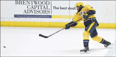  ?? SANFORD MYERS / GETTY IMAGES ?? Former Norris Trophy winner P.K. Subban, acquired in an offseason trade with the Canadiens, brings offensive firepower to the Predators’ blueline with 40 points in 66 regular-season games.