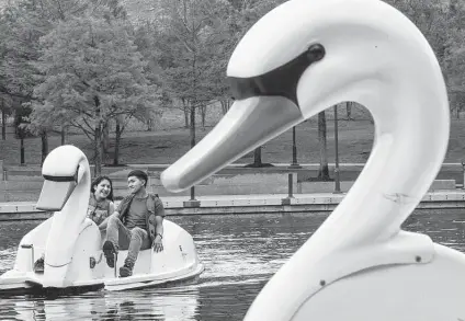  ?? Brett Coomer / Staff photograph­er ?? Alexia Gonzalez and Jaime Robledo take a ride in a swan paddleboat on April 15 at Riva Row Park in The Woodlands.