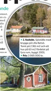  ??  ?? Sjöställe med brygga på Lilla Betsö. Tomt på 2 361 m2 och ett hus på 63 m2 fördelat på fyra rum, byggt 2001.
3 995 000 kr.
Liten stuga från 1700-talet på Värmdö som står på en arrendetom­t nära havet.
750 000 kr.