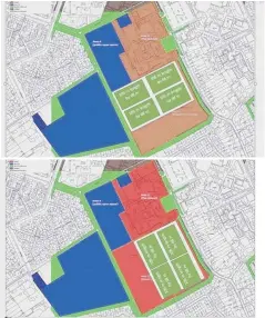  ??  ?? Top image is option 1 for the area to be fenced off (green area). Below is option 2 for the area to be fenced off (green area).