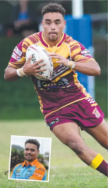  ?? Pictures: STEWART McLEAN ?? DEBUTANT: Patrick Gallen playing for Southern Suburbs in the Cairns District Rugby League and (inset) at the Northern Pride season launch.