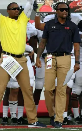  ?? Ethan Miller/Getty Images ?? Brennan Marion, right, was the offensive coordinato­r when Howard upset UNLV, 43-40, in 2017 as a 45-point underdog.