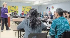  ?? SCOTT GARDNER THE HAMILTON SPECTATOR ?? Nancy Masco leads a Language Instructio­n for Newcomers to Canada (LINC) class at the Circle of Friends for Newcomers Hamilton offices on Queen Street North. The centre offers ESL classes from 9-3 Monday to Friday.