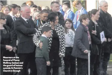  ??  ?? Mourners at the funeral of Piaras McElroy (below) and the guard of honour outside St Patrick’s Church in Donagh