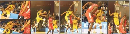  ?? (Photos Luc Boutria) ?? Sur cette action, Terry Smith part en drive, avant de servir Jordan Tolbert pour le dunk.