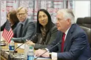  ?? THE ASSOCIATED PRESS ?? U.S. Secretary of State Rex Tillerson speaks during a meeting with Japanese Foreign Minister Taro Kono before a high level Security Council meeting on the situation in North Korea, Friday, Dec. 15, 2017 at United Nations headquarte­rs.