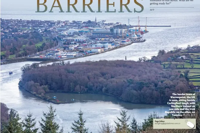  ?? Photo: AFP ?? The border town of Warrenpoin­t, the UK is seen, sitting beside Carlingfor­d lough, with Northern Ireland on one side and the Irish Republic on the other, on Tuesday.