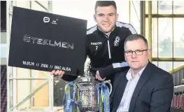  ??  ?? Cup legend Motherwell’s 1991 Scottish Cup winning hero Stevie Kirk (right) with Chris Cadden preview the new film, Steelmen.