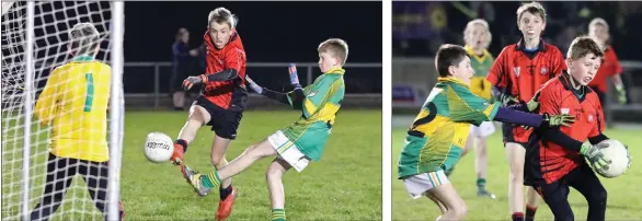  ??  ?? Mikey Kent blasting a shot at Marshalsto­wn goalkeeper Dylan Westnott-Byrne as Peter Lett challenges.
Aaron O’Sullivan of Bannow tries to find a way around Michael Kehoe.