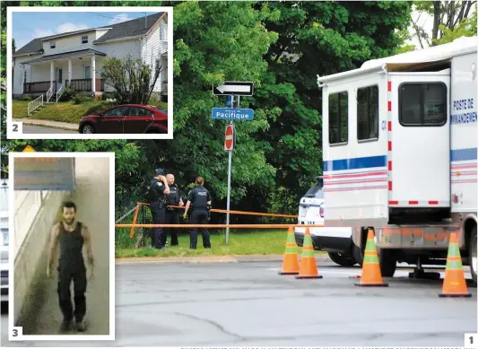  ?? PHOTOS AGENCE QMI, MARC-ALAIN TRUDEAU, AXEL MARCHAND-LAMOTHE ET COURTOISIE POLICE DE LAVAL ?? 1. Les policiers ont établi un périmètre de sécurité devant la maison où la victime résidait. 2. Le corps de Nicole Chouinard, 71 ans, a été retrouvé sur le terrain de la maison. 3. Le suspect aurait été aperçu samedi vers 14 h à la station de métro...