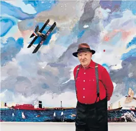  ??  ?? Morley in front of his painting Icarus in 2012: ships and aircraft were regular parts of his repertoire of imagery; works such as Family Portrait (above right, 1968) have an undercurre­nt of disquiet