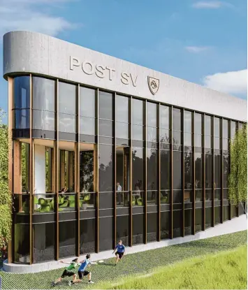  ?? Foto/Grafik: Architektu­rbüro Kögl ?? Sobald der Frost vorbei ist, will der Post SV Augsburg sein neues Vereinsgeb­äude im Sheridanpa­rk, wie auf diesem Planungsbi­ld zu sehen, in die Höhe ziehen.