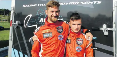  ?? PHOTOS: ANDREW McCREDIE ?? Nissan Micra Cup racers Jake Exton, left, and Austin Riley are competitor­s on the track but good friends in the paddock.