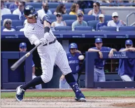  ?? MARY ALTAFFER – THE ASSOCIATED PRESS ?? The Yankees’ Aaron Judge hits a two-run homer in the second inning against the Royals on Saturday. It’s his 42nd home run of the season and No. 200 of his seven-year career.