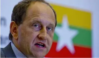  ?? ?? Then European Union Election Observatio­n Mission to Myanmar chief Alexander Graf Lambsdorff speaks during a press briefing in Yangon, Myanmar.