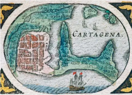  ??  ?? EN TIERRAS AMERICANAS. En este grabado holandés de 1646, se representa la ciudad de Cartagena de Indias, fundada por Pedro de Heredia con el nombre de San Sebastián en 1533.Fue uno de los puertos más importante­s para las comunicaci­ones con la metrópoli...